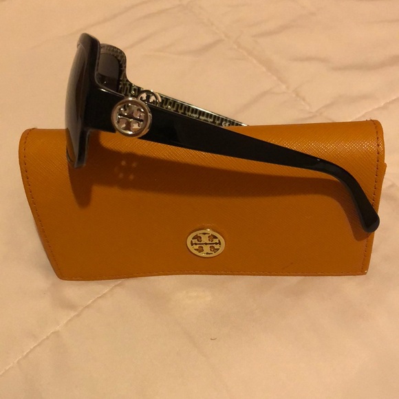 Tory Burch Black Sunglasses with Gold Logo and Yellow Case